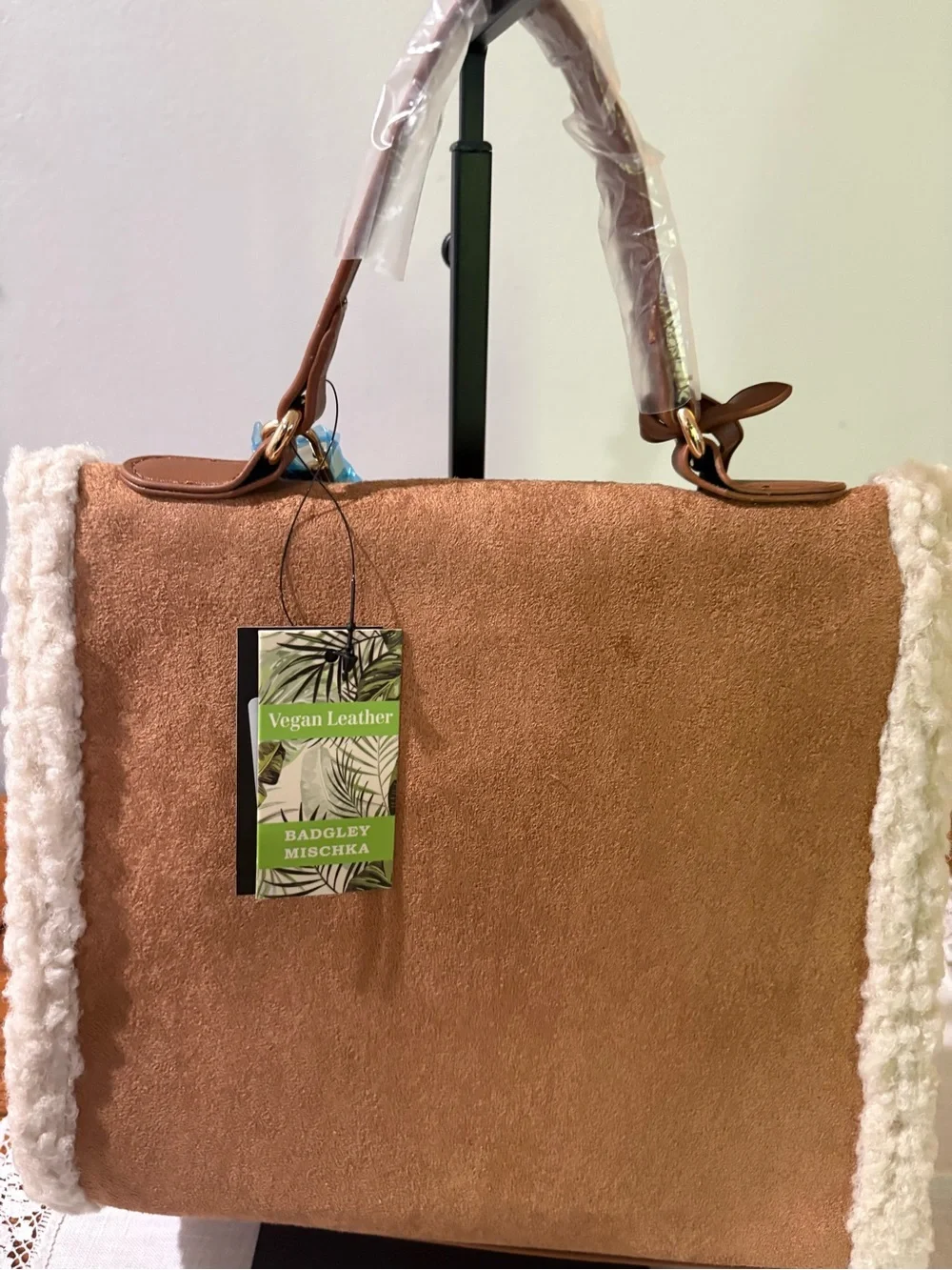 Badgley Mischka Shearling-Trim Suede Top-Handle Bag in Camel